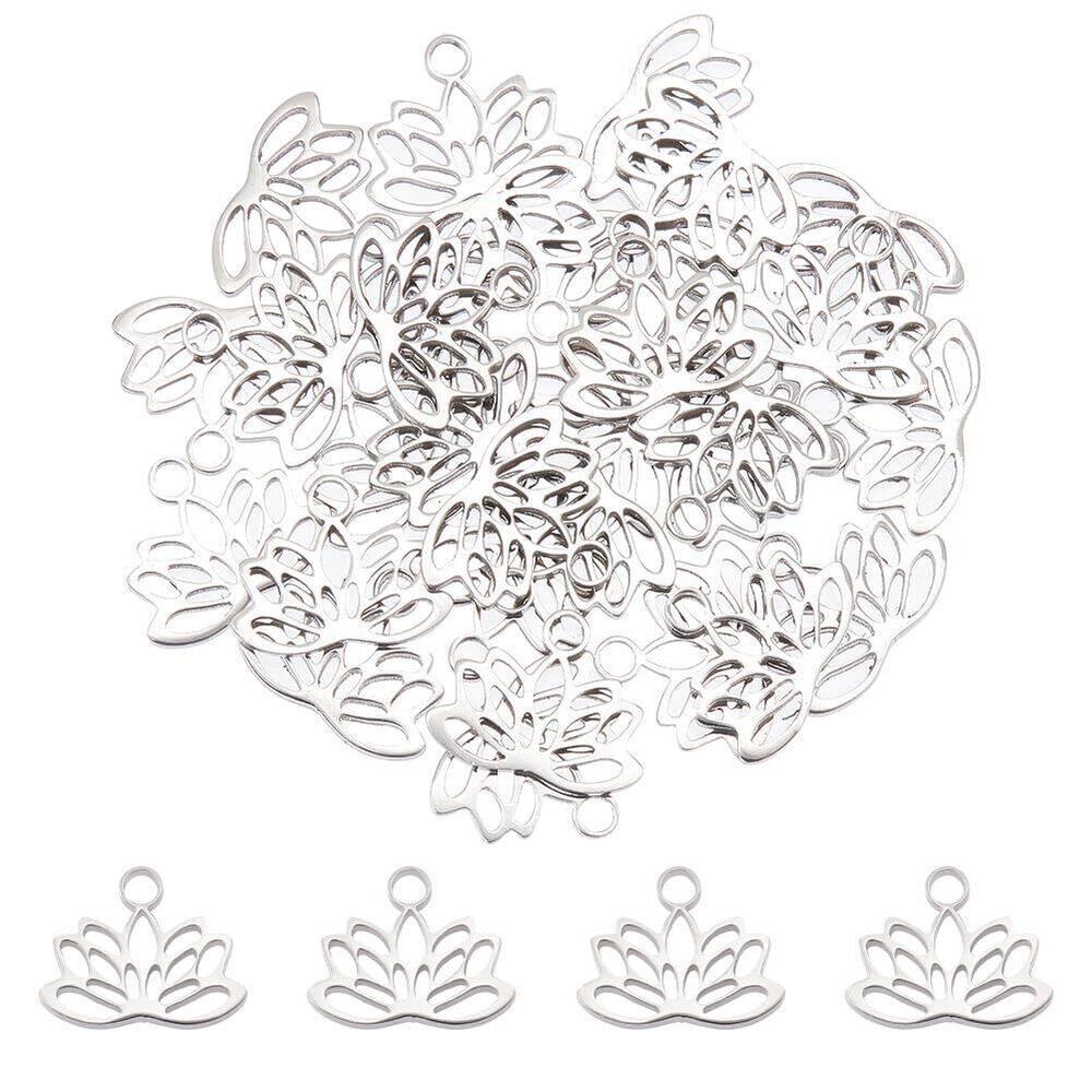 1958 30 pcs Lotus Charms Hollow Lotus Flower Charms 304 Stainless Steel